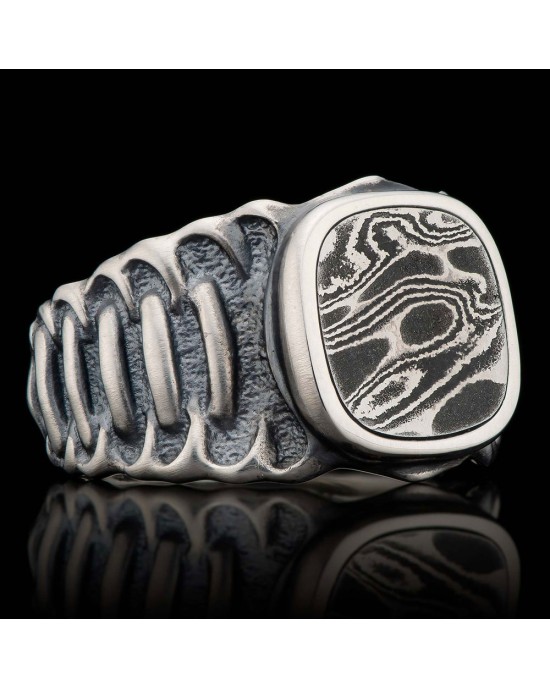 William Henry Echelon Sterling Silver Damascus Steel Inlay Ring SZ 10